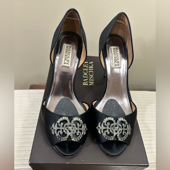 Badgley Mischka Shoes - BADGLEY MISCHKA Salsa Black Satin Embellished Peep Toe d'Orsay Pumps. 9M